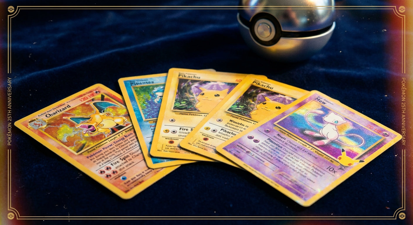 Holographic Pokémon trading cards fanned out on a dark blue surface with golden light creating rainbow reflections, with a Pokéball softly blurred in the background.