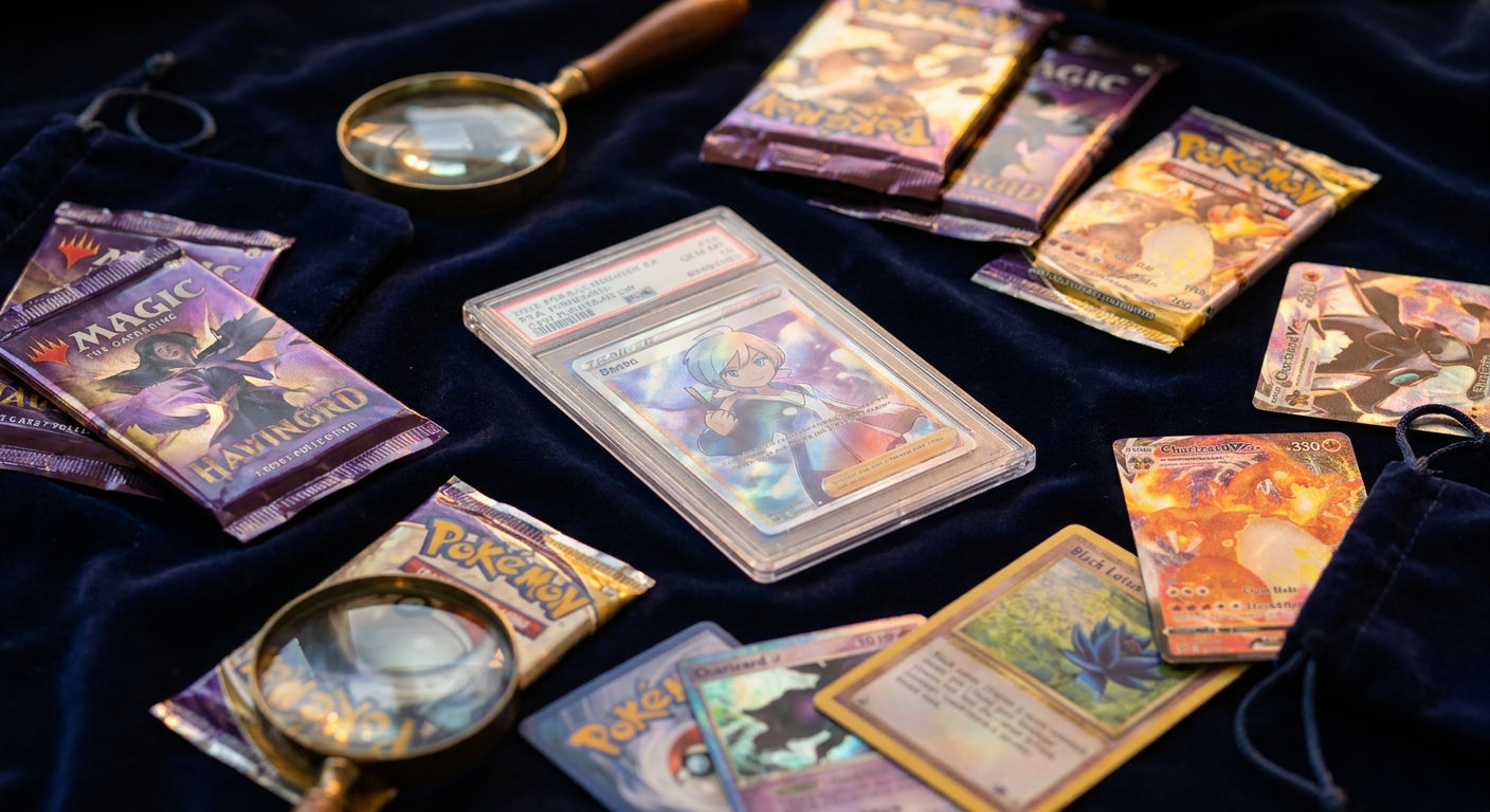 A flat lay arrangement of trading card game booster packs, a graded card in a protective slab, and holographic foil cards on a dark navy surface illuminated by warm golden light.