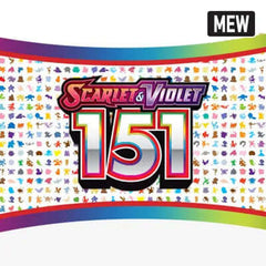 Scarlet & Violet 151 MEW Pokémon logo with colorful Pokémon silhouettes in the background.