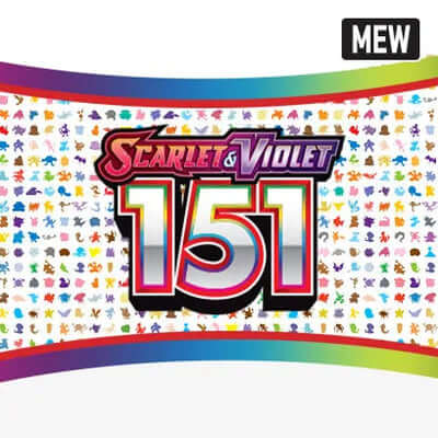 Scarlet & Violet 151 MEW Pokémon logo with colorful Pokémon silhouettes in the background.
