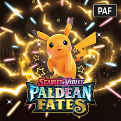Paldean Fates PAF Pokémon logo featuring Pikachu with vibrant electric effects and stars.