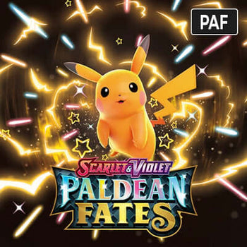 Paldean Fates PAF Pokémon logo featuring Pikachu with vibrant electric effects and stars.
