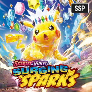 Surging Sparks SSP Pokémon booster pack artwork featuring Pikachu with colorful gems and lightning animations.