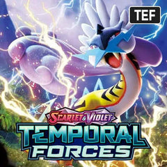 Image of Temporal Forces TEF Pokémon with colorful lightning effects and featured characters from the Scarlet and Violet series.