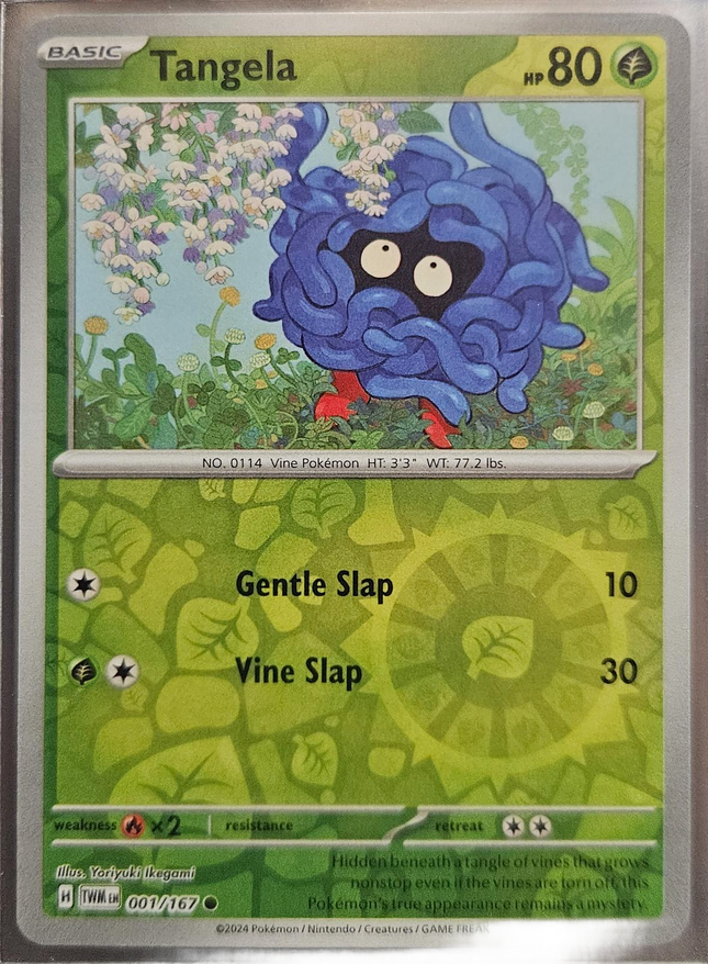 Reverse holo Tangela Pokémon card from Twilight Masquerade set by KTM Collectibles, featuring detailed artwork of the vine Pokémon.