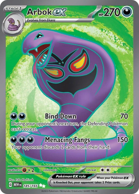 Pokémon Arbok EX card from the 151 series, featuring detailed illustration of the snake Pokémon in a dynamic pose.