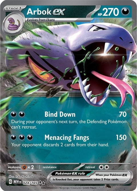 Pokémon Arbok EX trading card from the 151 set, featuring detailed artwork of the snake Pokémon.