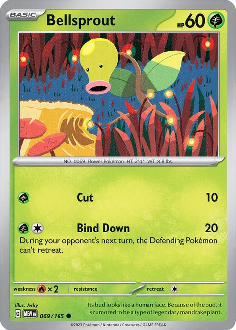 Pokémon Bellsprout single figure from the 151 series, showing a green, plant-like creature with a yellow face and large leaves.