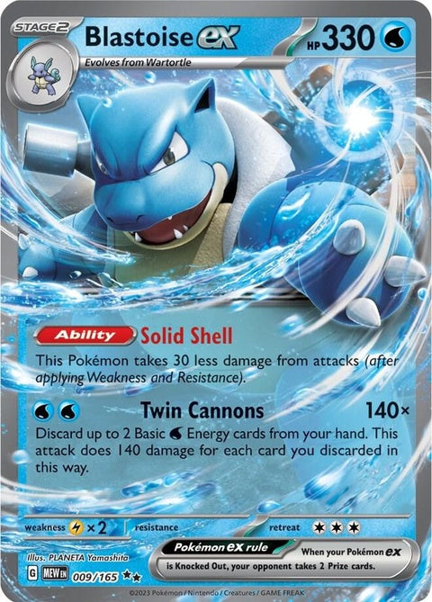 Pokémon Blastoise EX single card featuring Blastoise in a dynamic pose, from the 151 set, vibrant artwork, and collectible design.