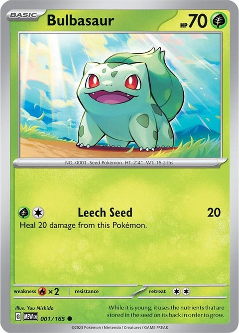 Pokémon Bulbasaur single card from set 151, featuring detailed artwork of the grass and poison-type Pokémon.