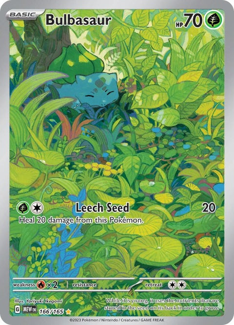 Pokémon Bulbasaur single card from set 151, featuring detailed illustration of the grass and poison type Pokémon.