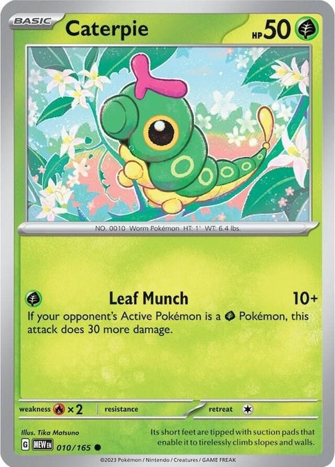 Close-up of Pokémon Caterpie single card, featuring detailed illustration and vibrant colors from the Pokémon brand.