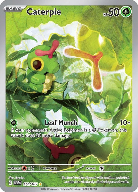 Close-up of a Pokémon Singles card featuring Caterpie, a green bug-type Pokémon from the Pokémon brand.