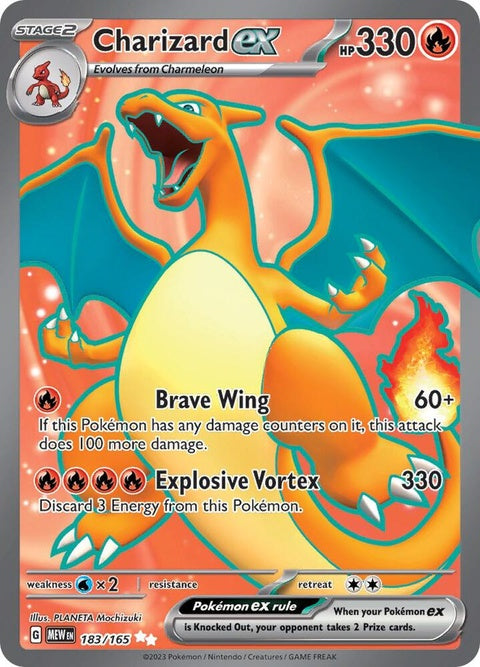 Pokémon Charizard Ex card from the 151 series, featuring vibrant artwork and detailed design on a Pokémon trading card.
