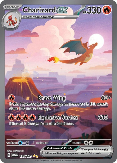 Pokémon Charizard Ex card from the 151 series, featuring vibrant artwork and detailed design on a single trading card.
