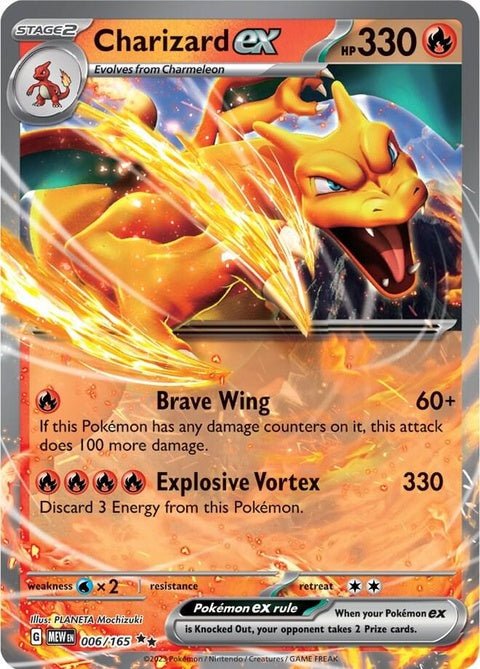 Pokémon Charizard EX trading card from the 151 series, featuring Charizard in dynamic artwork on a Pokémon Singles card.