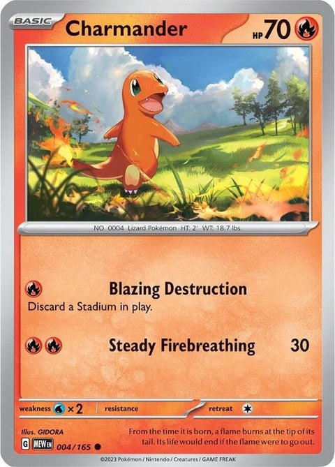 Close-up of Pokémon Charmander single collectible card from the 151 series, featuring detailed artwork and branding.