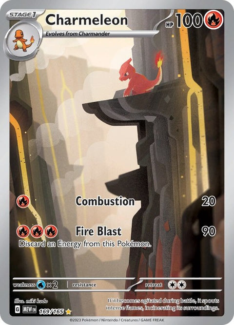Image of Pokémon Charmeleon, number 151, from the Singles collection by Pokémon, showcasing its fiery appearance and orange scales.