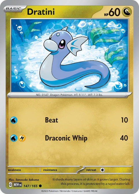 Close-up of a Pokémon Dratini single card from the Pokémon brand, featuring detailed artwork and vibrant colors.