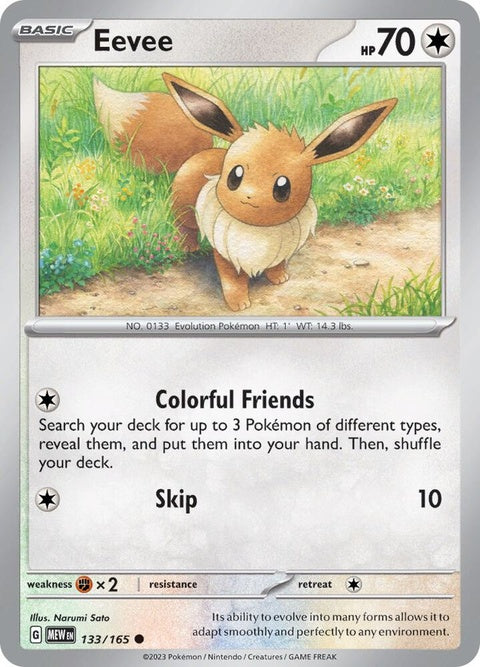 Pokémon Eevee single card from the 151 series featuring the popular Electric-type Pokémon in a vibrant illustration.