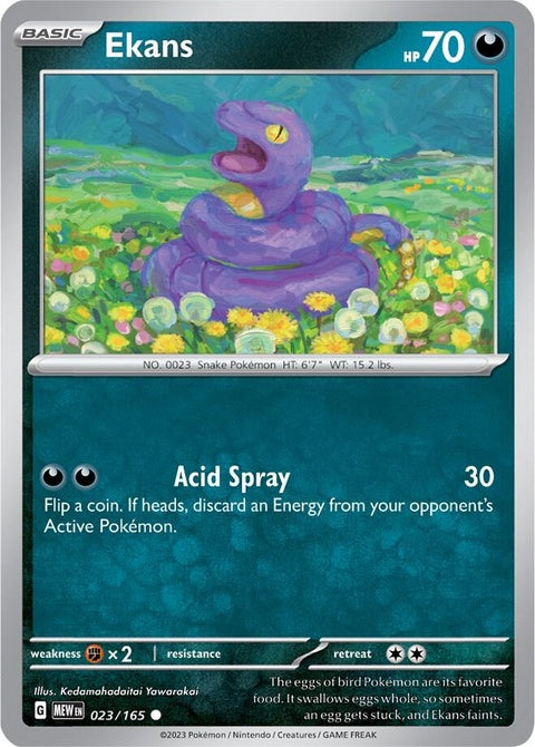 Pokémon Ekans single card from set 151, featuring snake-like Pokémon with purple body and yellow belly, front view.