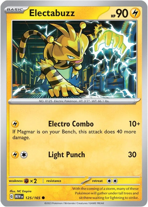 Electabuzz Pokémon trading card from the 151 series, featuring Electabuzz illustration and branding.