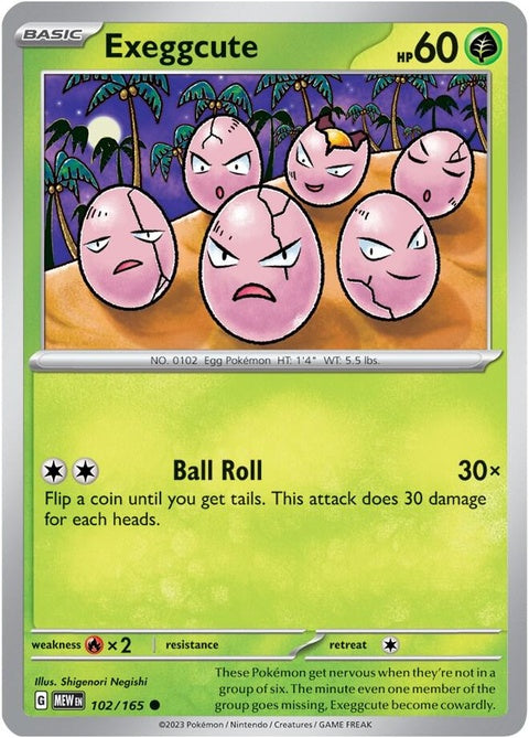 Pokémon Exeggcute single figure from the 151 series, featuring a group of six egg-shaped creatures with plant and bird features.