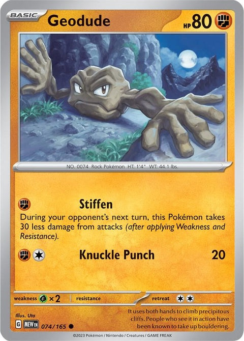 Pokémon Geodude single card from the 151 series, featuring the rock-type Pokémon with a close-up illustration.