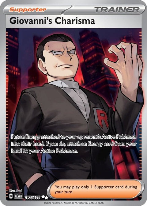 Pokémon Giovanni's Charisma 151 single card featuring Giovanni in a dynamic pose with vibrant artwork.