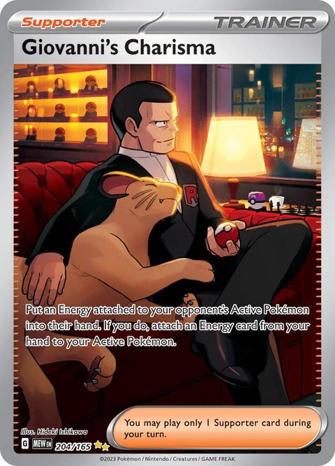 Pokémon Giovanni's Charisma 151 singles card featuring Giovanni in a commanding pose with vibrant artwork and detailed design.