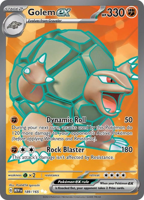 Pokémon Golem EX card from the 151 set, featuring a detailed illustration of the rock and ground-type Pokémon.
