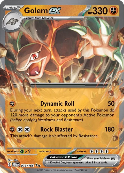 Pokémon Golem EX 151 single card with artwork featuring a large, rocky Golem Pokémon in vibrant colors.