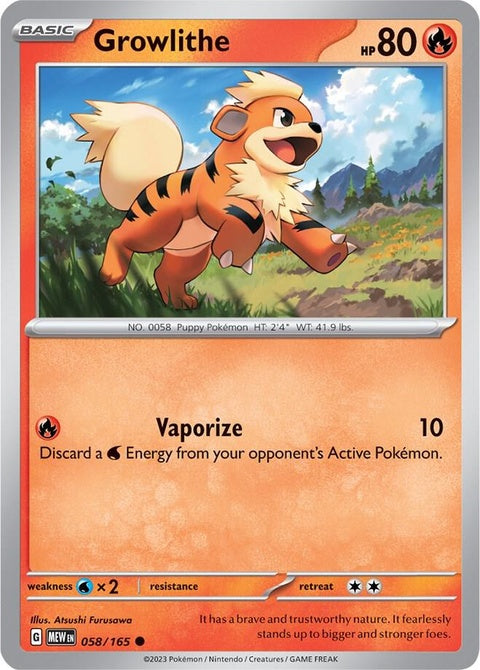 Pokémon Growlithe single card from the 151 series, featuring colorful artwork of the Fire-type Pokémon.