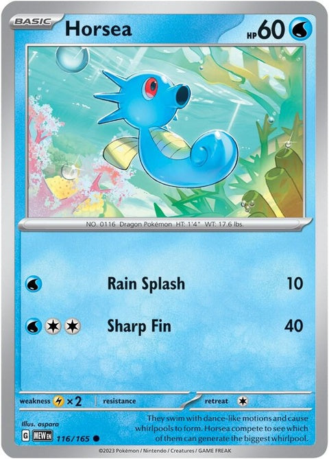 Pokémon Horsea single card from the 151 series, featuring colorful aquatic sea horse illustration.