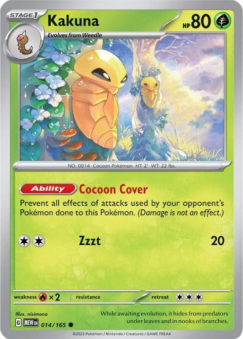 Close-up of Pokémon Kakuna card from the Singles series, featuring detailed artwork and branding.