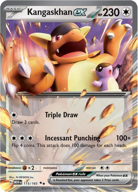 Pokémon Kangaskhan EX card from the 151 set, featuring a detailed illustration of the iconic Pokémon on a single trading card.