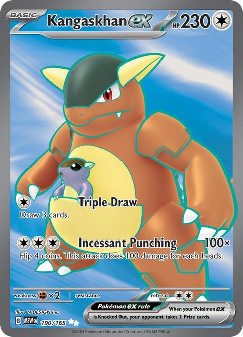 Pokémon Kangaskhan EX card from the 151 series, featuring detailed artwork of the iconic Pokémon in a dynamic pose.