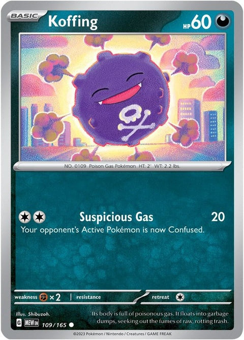 Image of Pokémon Koffing from the 151 series, featuring its round purple body with a mischievous face and gaseous emissions.