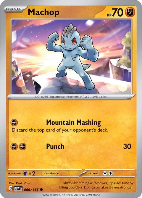 Pokémon 151 Machop single card, detailed illustration of the Fighting-type Pokémon with muscular build and determined expression.