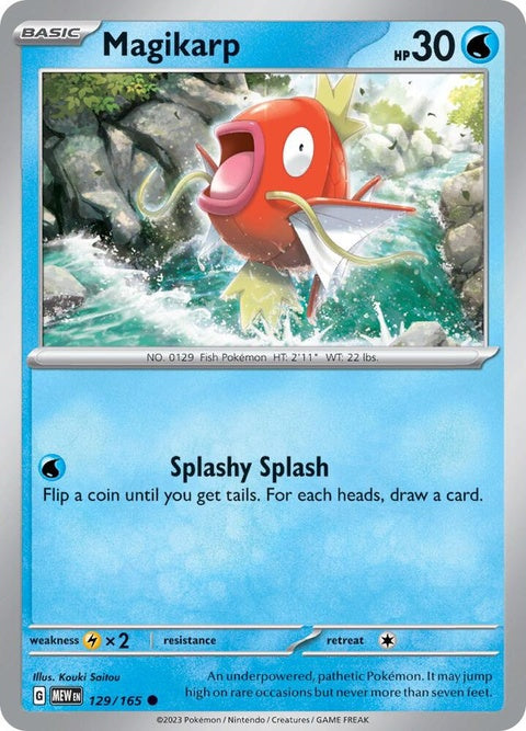 Image of a Pokémon Magikarp single card from the 151 series, featuring colorful artwork of the fish Pokémon.