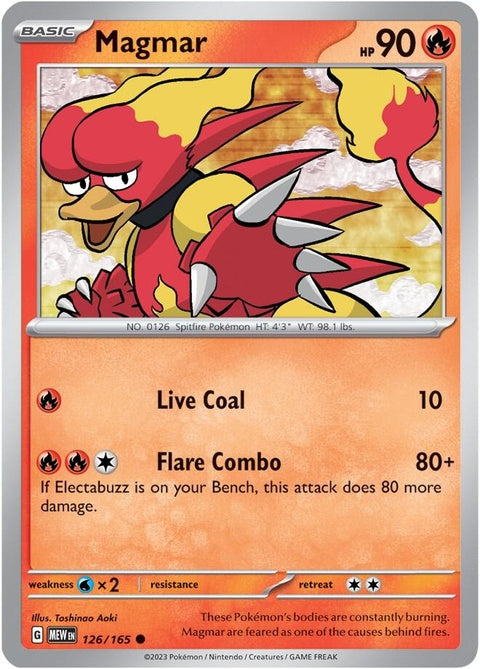 Image of Pokémon Magmar trading card from the 151 set, featuring Magmar in a dynamic pose with vibrant colors.