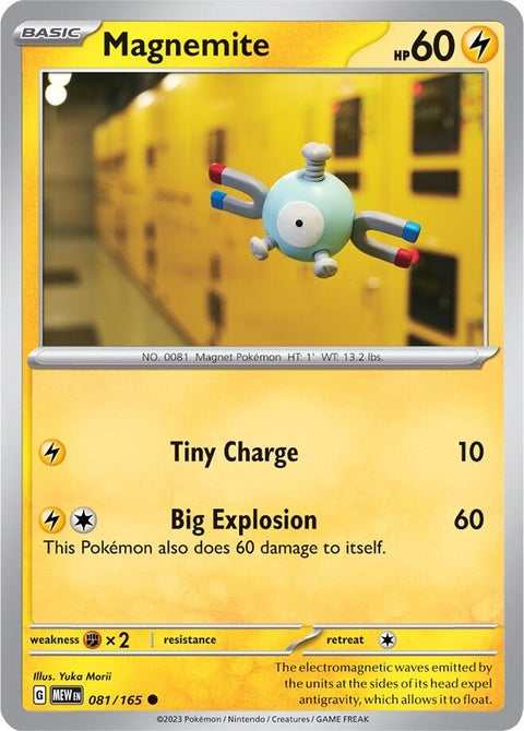 Magnemite Pokémon trading card from the 151 set, featuring the electric and steel-type Pokémon on a colorful background.