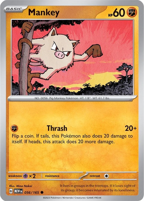 Close-up of Pokémon Mankey card from the 151 series, featuring artwork and details of the Pokémon character.