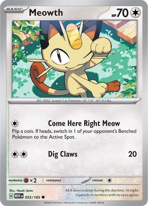 Pokémon Singles card featuring Meowth from set 151, with colorful illustration and card details visible in the image.