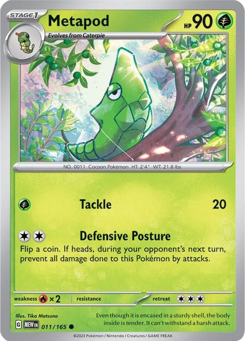 Close-up of Pokémon Metapod card from the Singles collection, featuring artwork and details on the Pokémon brand card.