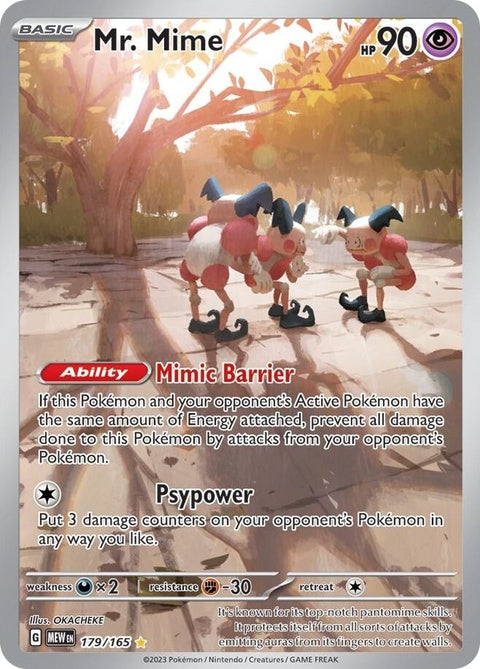 Pokémon Mr. Mime single card from set 151, colorful illustration featuring the Psychic and Fairy-type Pokémon.