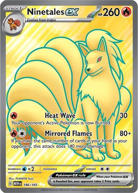Pokémon Ninetales EX card from the 151 set, featuring a fiery fox with nine tails, collectible trading card for fans and players.