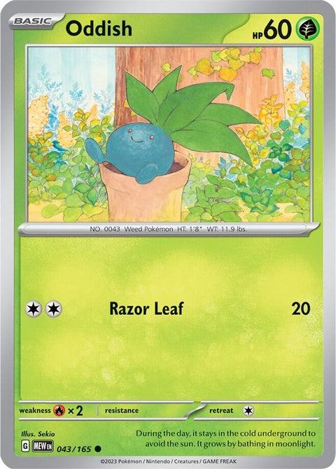 Pokémon 151 Oddish single card featuring the green grass and purple flower design from the Pokémon trading card collection.