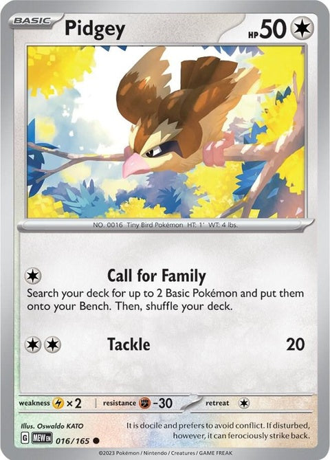 Image of Pokémon Pidgey card from the 151 series, featuring Pidgey in a natural pose with vibrant artwork.