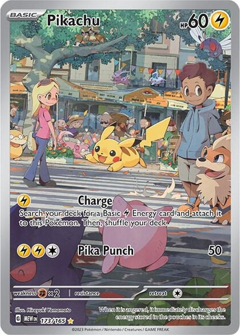 Pokémon 151 Pikachu card from Singles collection, featuring iconic yellow electric mouse character with red cheeks and black-tipped ears.